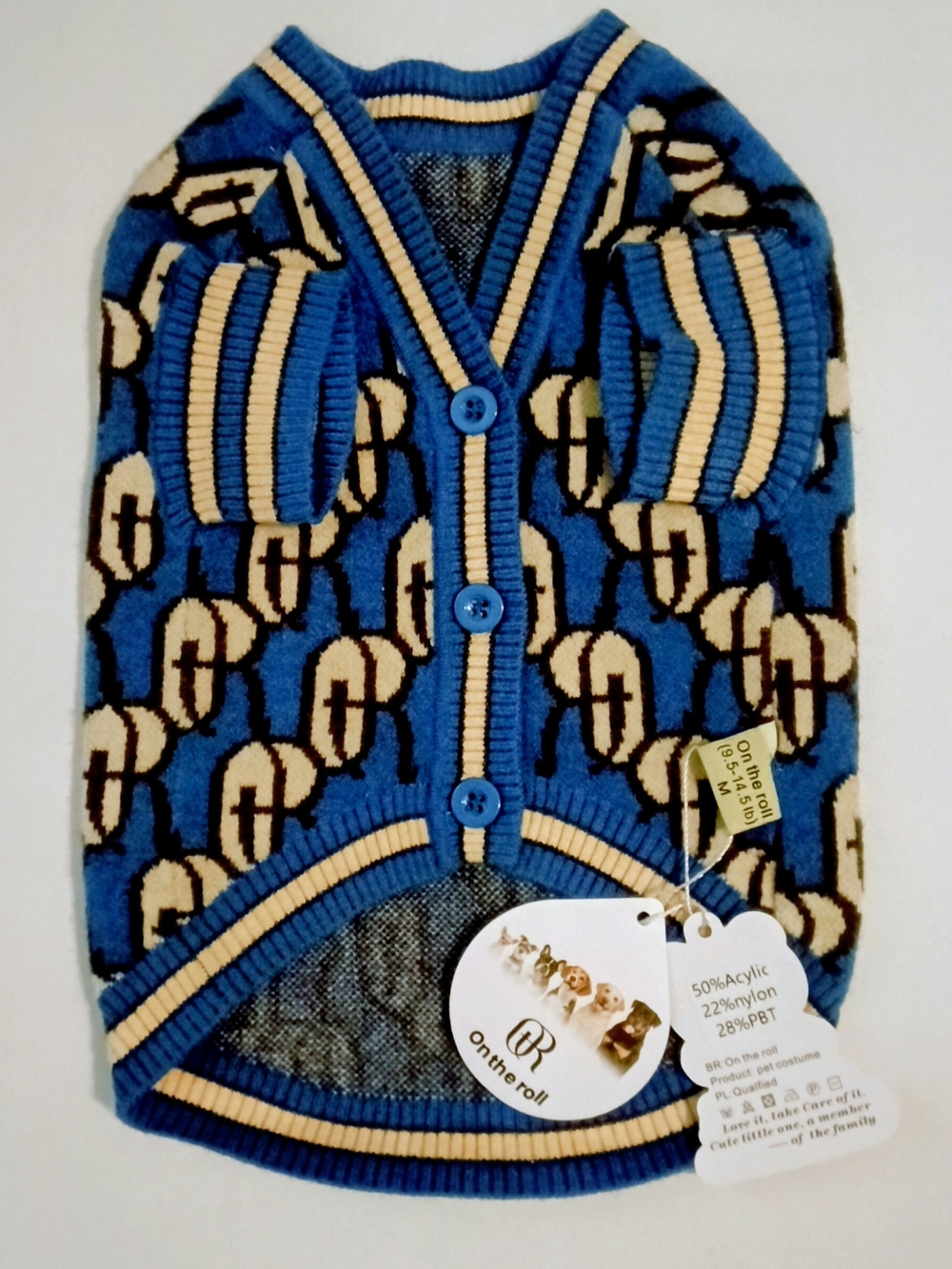 On the roll Dog 🐶 Sweater Blue & Cream Patterned Size M